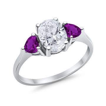 Fashion Promise Ring 3-Stone Oval Simulated Amethyst CZ 925 Sterling Silver